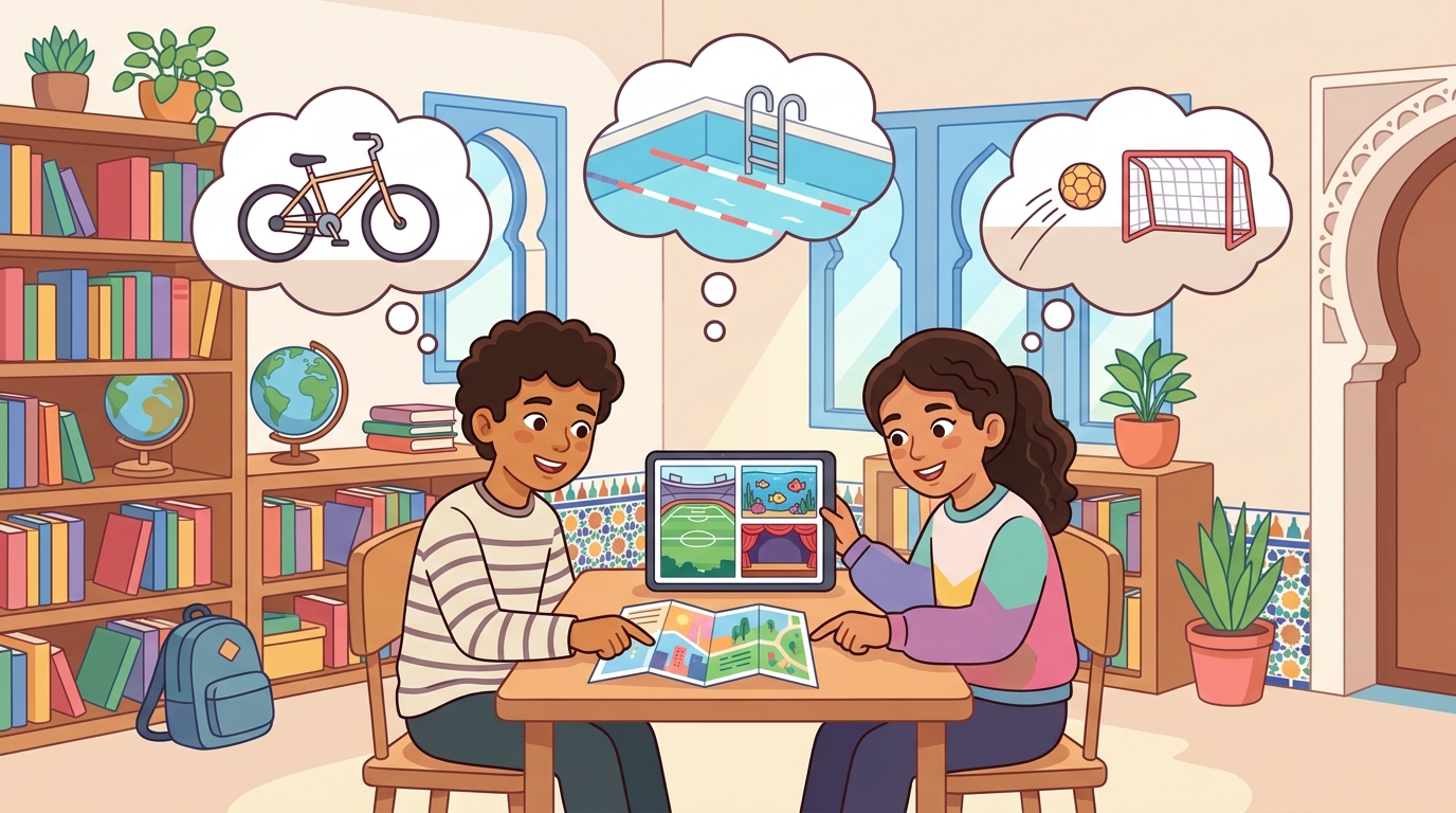 À la bibliothèque de l'école, Omar et Ines planifient leur week-end avec une tablette ; des bulles montrent un vélo, une piscine et un but de handball